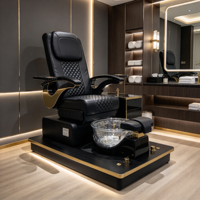 Fauteuil de pédicure de luxe noir et or avec bol en verre transparent, fauteuil de massage électrique inclinable, fauteuil de spa pour les pieds, fauteuil de salon de manucure