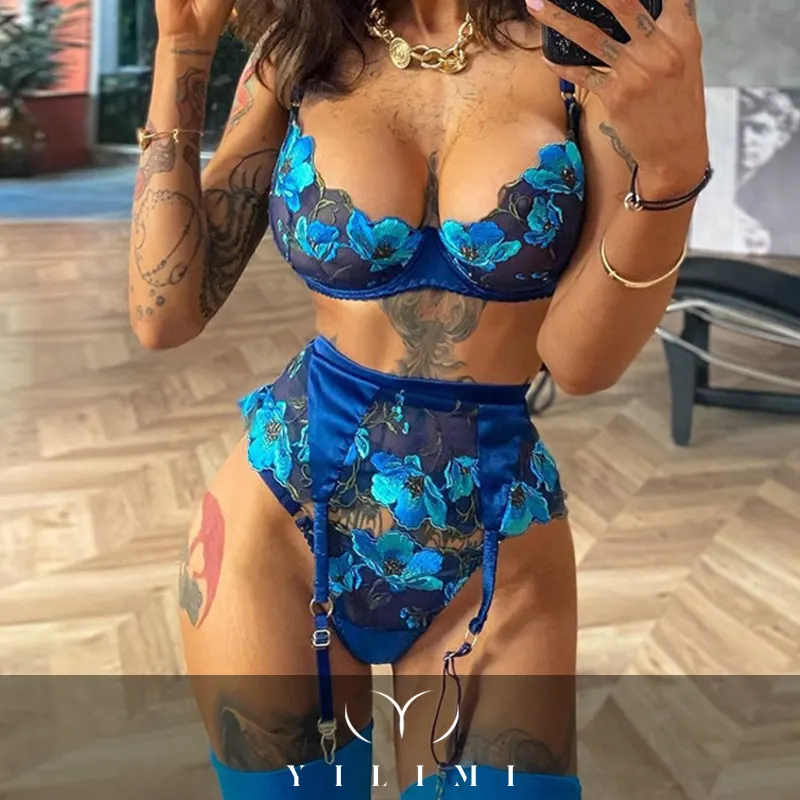 YILIMI Neueste Hohe Qualität Frauen Sexy Dessous 3 Stück Appliques Set Mit Strumpf G-string Sexy Damen blau Unterwäsche