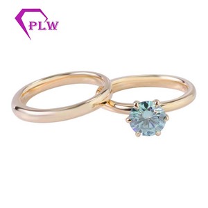 Anillo de diamantes Moissanite Provenza Oro amarillo macizo de 14 quilates 1CT Corte redondo Azul Conjunto de anillos de comprom - Product Image 1