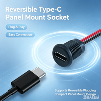 Connecteur femelle Type-C à montage sur panneau LN-006 avec câble fileté Type-C rouge et noir 24AWG pour la charge d'équipements