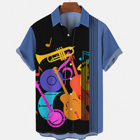 Modetrend 3D gestreiftes Herrenhemd lässig Musik Gitarre Hip Hop Kurzarm-T-Shirt lockeres Herren-Hawaii-Hemd