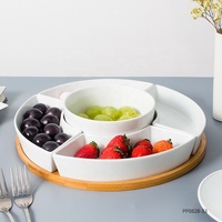 12 pouces partie 5 pièces compartiment plateau blanc sectionnel rond en céramique snack apéritif assiette avec bambou