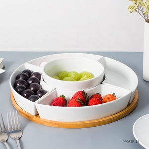12 pollici del partito 5 pcs vano vassoio bianco sezione rotonda di ceramica spuntino antipasto piatto da portata con bambù - Product Image 3