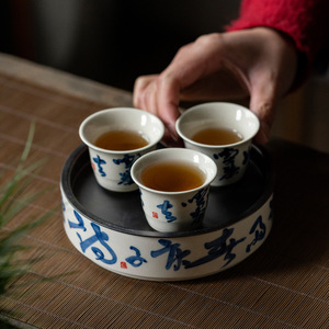 Ceramic <b>Tea</b> Pot Holder With Handwritten Poem Design Wood Ash Color For Kung Fu <b>Tea</b> <b>Set</b> Dry Brewing Tray Accessory - Product Image 3