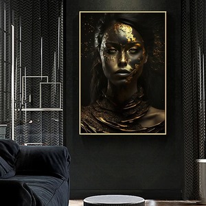 Modern <span class=keywords><strong>Deco</strong></span> Gold Jewelry Wall Art Pictures Black Female Portrait Canvas Poster for Home Decor for Living Room and Bedroom - Product Image 1