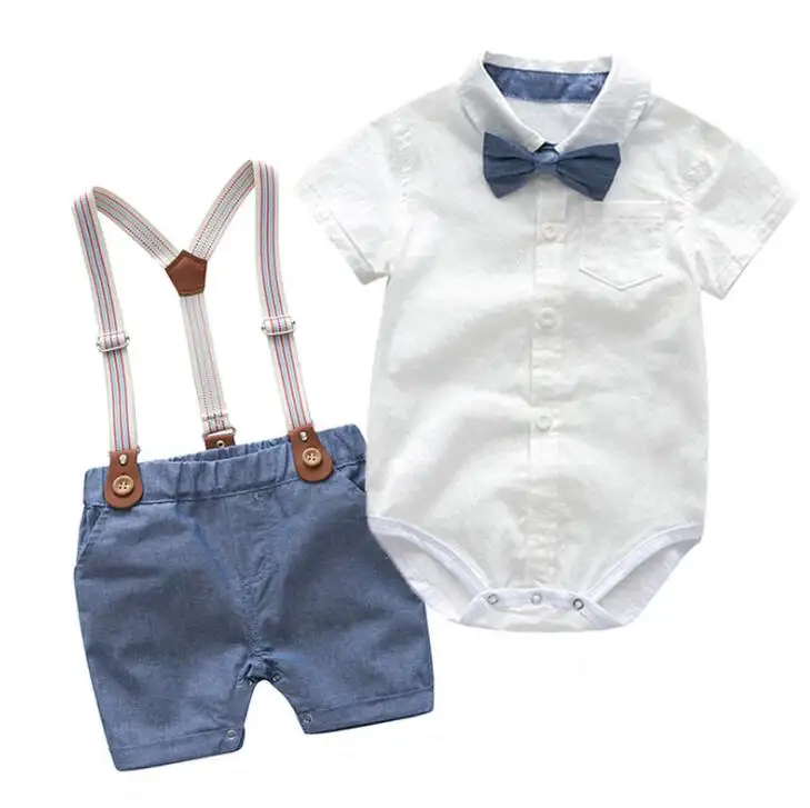 夏の半袖0-6ヶ月服ロンパースキッズ紳士幼児1歳の誕生日ボウタイ男の子ドレススーツ