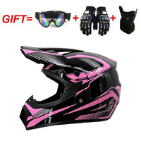 Casque de motocross pour adultes unisexe rose intégral avec lunettes, gants et cache-cou offerts, pour toutes les saisons