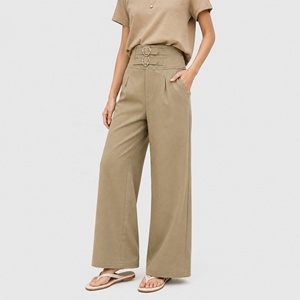 Khaki Wide Leg <strong>Suit</strong> Pants Women High Waisted Heart Buckle Detail Elegant Career <strong>Trousers</strong> Chic Pantalon Femme - Product Image 4