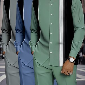 Disponibile Set di Abbigliamento Lavorato a Maglia di Alta Qualità in Stile Vintage per Uomini Africani, Camicia e Pantaloni Casual Retrò con Motivi Animali per l'Autunno - Product Image 1