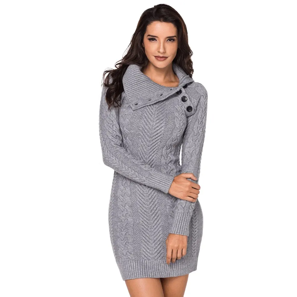 Women Long Sleeve Solid Color Waffle Knitted Tie Waist Tunic Pullover Sweater Dress