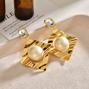 Geometric Gold Drop <b>Earrings</b> With Imitation Pearl Bezel Setting For Women Party Fashion Jewelry - Product Image 4