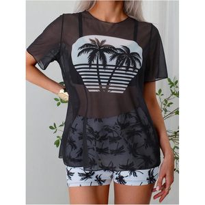 Traje de baño de 3 piezas para mujer con estampado de árboles, bikini de cintura alta con camiseta de malla y pantalones cortos - Product Image 5