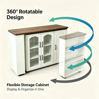 Buffet Rotatif Moderne Style Ferme Blanche avec Portes Vitrées et Étagères Ajustables pour Salle à Manger, Salon et Cuisine