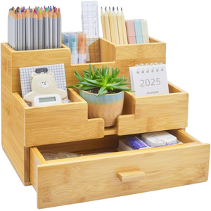 Bamboo Desktop <b>Storage</b> <b>Box</b> 3 Layer Compartmentalized Office Organizer With <b>Drawer</b> For Stationery And Supplies - Product Image 5