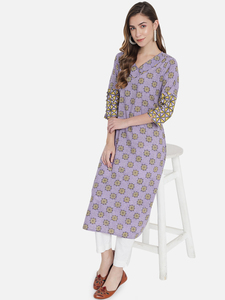 Ensemble Kurti pour femme, violet à motifs floraux, imprimé à la main, col en V, manches longues, avec broderie, coupe ample, style décontracté toutes saisons - Product Image 3