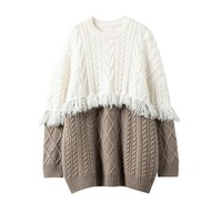 Couleur mélangée noir et blanc gland frange torsadé câble femmes col rond ample 100% pull en cachemire