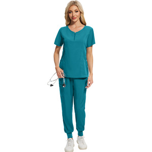 2025 vente en gros gommages médicaux confort personnalisé Stretch fermeture éclair-haut Salon d'infirmière uniforme hôpital Spandex survêtement gommage ensemble femmes - Product Image 5