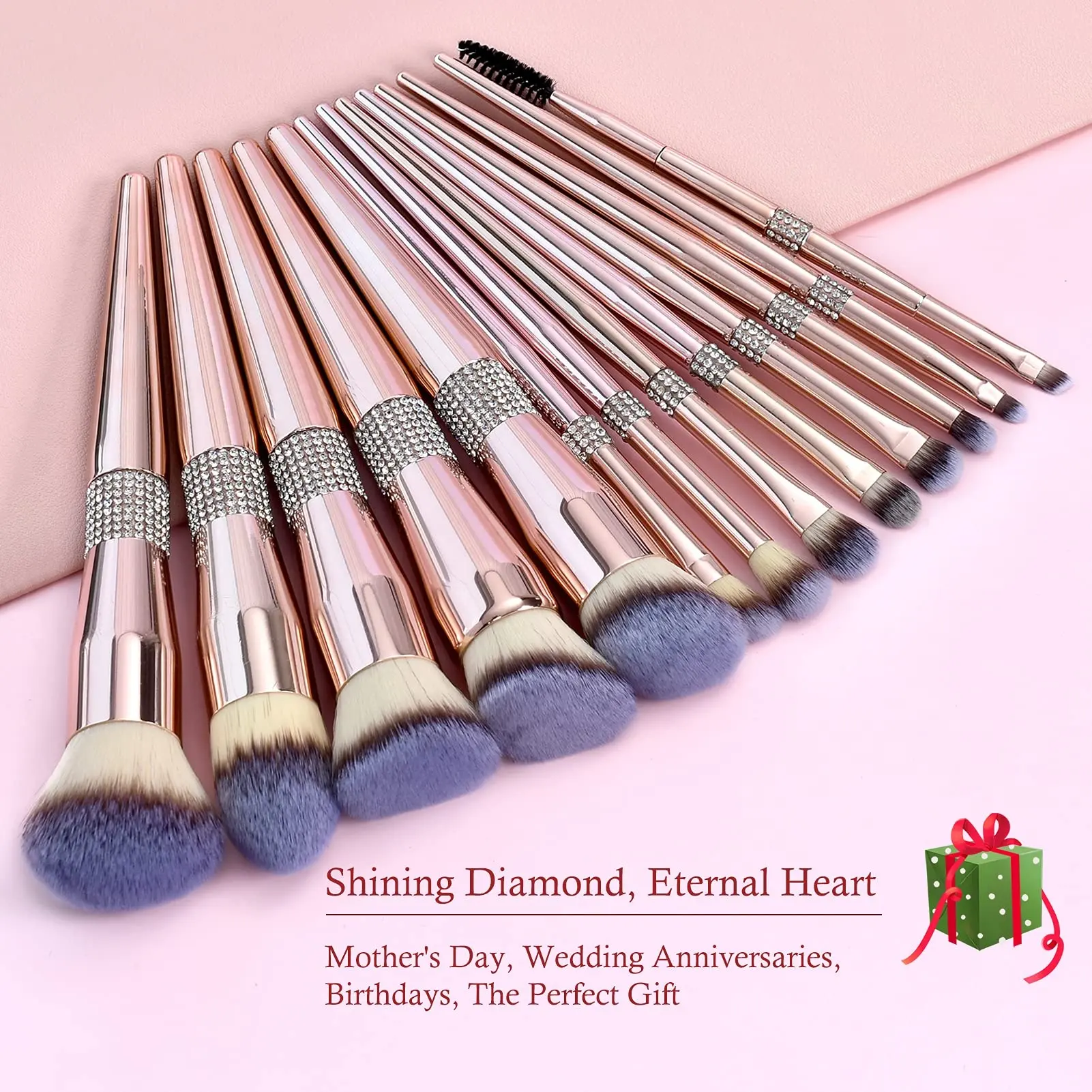 14pcs Luxury glitter diamond bling private label pennello per trucco pennello in metallo oro rosa set di pennelli per trucco con logo personalizzato