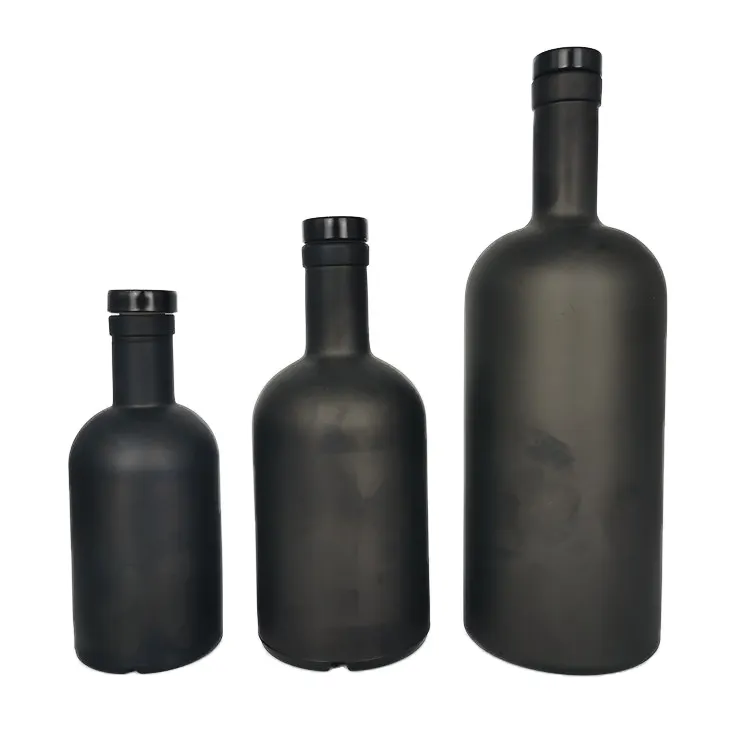 Matte black painted glass Vodka wine bottle for drinks with cork and customized labels 200ml 375ml 500ml 750ml