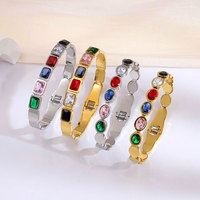 À la mode Ins coloré bijoux de mode en acier inoxydable plaqué or 18 carats carré Zircon pierre classique manchette Bracelet Bracelet pour les femmes