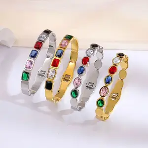 Trendy Ins Colorful Fashion Jewelry Stainless Steel 18k Gold Plated Square Zircon Stone Classic Cuff Bracelet Bangle For Women