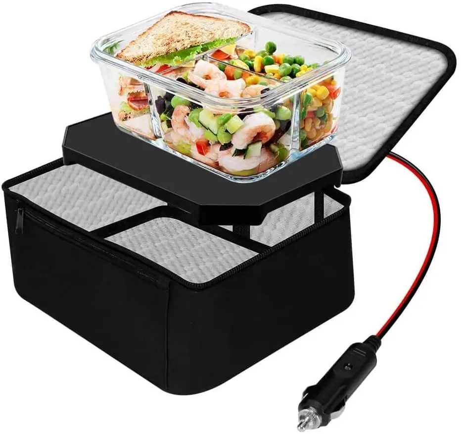 Car 12V pulg in self heating pad food warmer and thermal insulation meal box, trucker personal food heating tray