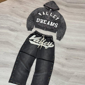 Huili axit rửa dày Bông Áo và Sweatpants người đàn ông tùy chỉnh thêu logo vá hai mảnh Bộ Rhinestone Bộ đồ thể thao - Product Image 1