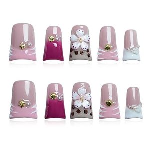 LUMEILA <span class=keywords><strong>Uñas</strong></span> Postizas Acrílicas de Cobertura Completa, Color <span class=keywords><strong>Rosa</strong></span> <span class=keywords><strong>Fucsia</strong></span> Degradado, con Flores Blancas 3D, Perlas y Detalles Dorados, Tamaño Mediano Corto, 10 Piezas - Product Image 1