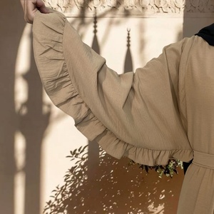 9.9USD High Quality Women Dress Special Pleated Sleeves Round Neck Back Zipper With Belt Casual Elegant Abaya Dress - Product Image 3