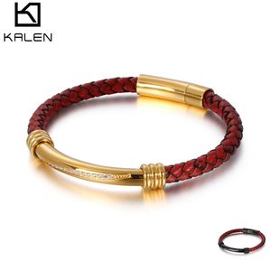 KALEN ファッション ステンレススチール ラインストーン レッドレザー ユニセックス ブレスレット - Product Image 1