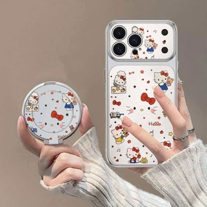 เคสโทรศัพท์มือถือลายการ์ตูนคิตตี้แบบหมุนได้ วัสดุ PU สำหรับ iPhone 17 16 15 Pro Max น่ารัก พร้อมขาตั้งพิมพ์ลาย - Product Image 1