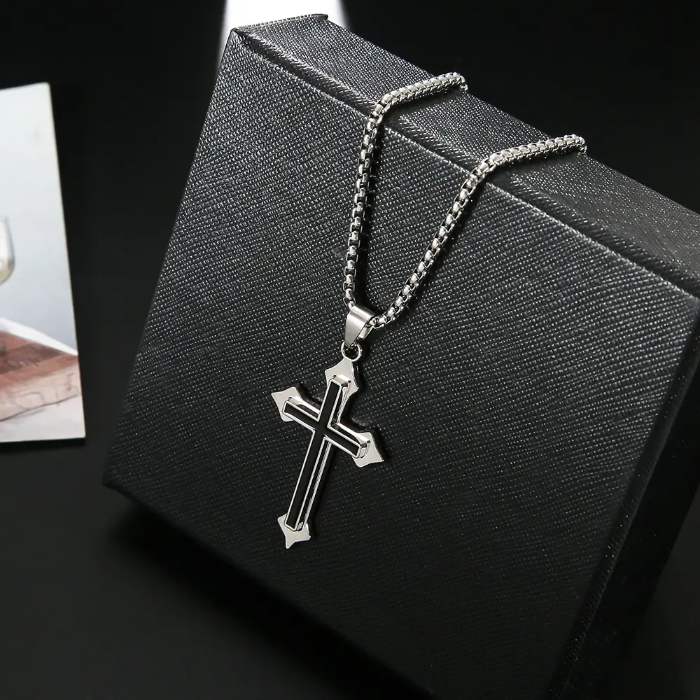 Pendente da uomo rosario cattolico acciaio inossidabile Christian Jesus islamico musulmano fede croce collana