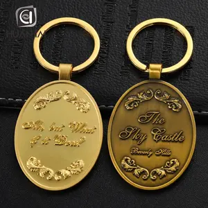 Customized Oval Shaped Embossed Antique Gold Custom Engraved Logo Keychain
