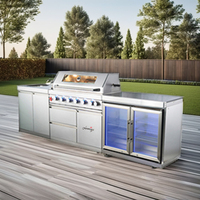 Cuisine extérieure de luxe en acier inoxydable noir, ensemble complet, barbecue au gaz robuste, mobilier de jardin avec évier et réfrigérateur CE