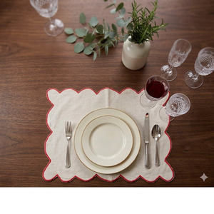 Premium Linen Scalloped <b>Placemat</b> with <b>Red</b> Contrast Border – Elegant Decorative Table Mat for Dining, Restaurant & Home Decor - Product Image 2