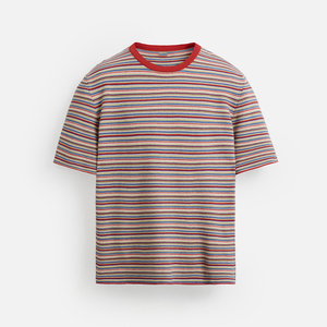 Camiseta a rayas elegante con rayas horizontales multicolores vibrantes y cuello rojo en contraste Tela de mezcla de algodón suave y cómoda - Product Image 1