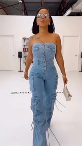 Tuta in denim sexy da <span class=keywords><strong>donna</strong></span> con top a tubino, multitasche e multibottoni, stile cowboy, per il commercio estero - Product Image 6