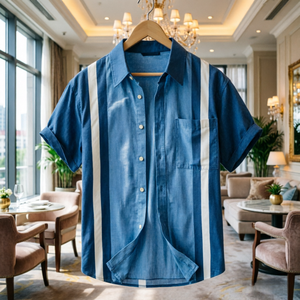 Chemise à manches courtes rayée pour homme, col cubain vintage, boutonnée, <span class=keywords><strong>d</strong></span>écontractée, bleu et <span class=keywords><strong>blanc</strong></span>, OEM ODM, vente en gros - Product Image 2
