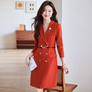 ชุดเดรสทำงานสีพื้นแบบกระดุมสองแถว พร้อมกระดุมตกแต่ง แขนยาว ชุดสูทธุรกิจและชุดทักซิโด้สำหรับงานเลี้ยง ผลิตด้วยวิธีการทอ - Product Image 4