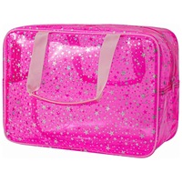 Tas Makeup PVC Pink Motif Bintang 2026 dengan Pegangan, Organizer Kosmetik Tahan Air untuk Perjalanan Wanita, Kantong Perlengkapan Mandi Transparan TSA
