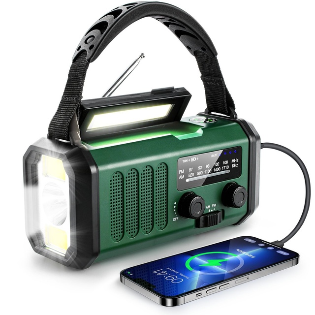Solar Hand Crank AM/FM Portable Emergency Radio with Built-In Speaker 10000mAh Power Bank for Cell Phone and LED Flashlight
