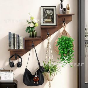Wooden <b>Wall</b> Mounted Tiered Shelf 4 Layers With Hooks For <b>Storage</b> And <b>Hanging</b> - Product Image 4