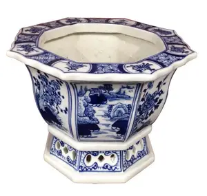 Jingdezhen Chậu Hoa Gốm Chậu Hoa Tươi Nhỏ Hình Bát Giác Màu Xanh Và Trắng Cổ Điển Vẽ Tay