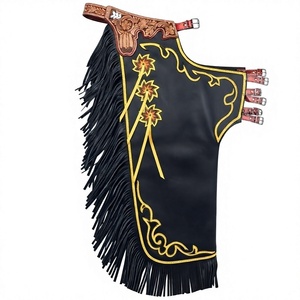 Chaps de Rodeo en Cuir Unisexe Faits Main Personnalisés avec Franges et Broderie Florale, Ceinture Longue Taille Moyenne, Tenue de Bovinisme Western - Product Image 1