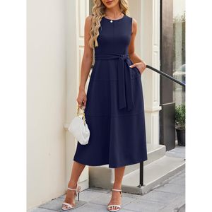 FOXA Robe midi élégante pour femme, sans manches, col rond, coupe trapèze avec ceinture, robe de soirée formelle pour le travail ou les cocktails - Product Image 6