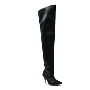 Bottes noires pour femmes à imprimé peau de serpent, à bout pointu et talon aiguille, bottes cuissardes tendance - Product Image 5