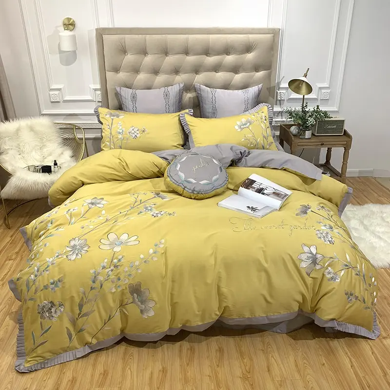 Sang Trọng Cotton Satin Đôi Phẳng Bed Sheets Duvet Cover Màu Vàng Hoa Thêu Bộ Đồ Giường Đầy Đủ