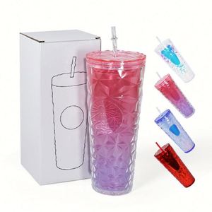 Nouveauté 2023, Populaire, MOQ faible, Personnalisable, Gobelet Venti 24oz à double paroi en plastique mat, à motifs cloutés, motif grille et ananas - Product Image 1