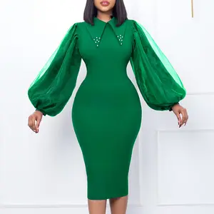 Elegant Ladies Modest High Quality Puff Sleeve Bodycon Formal For Women Career Party Wear Church Dress