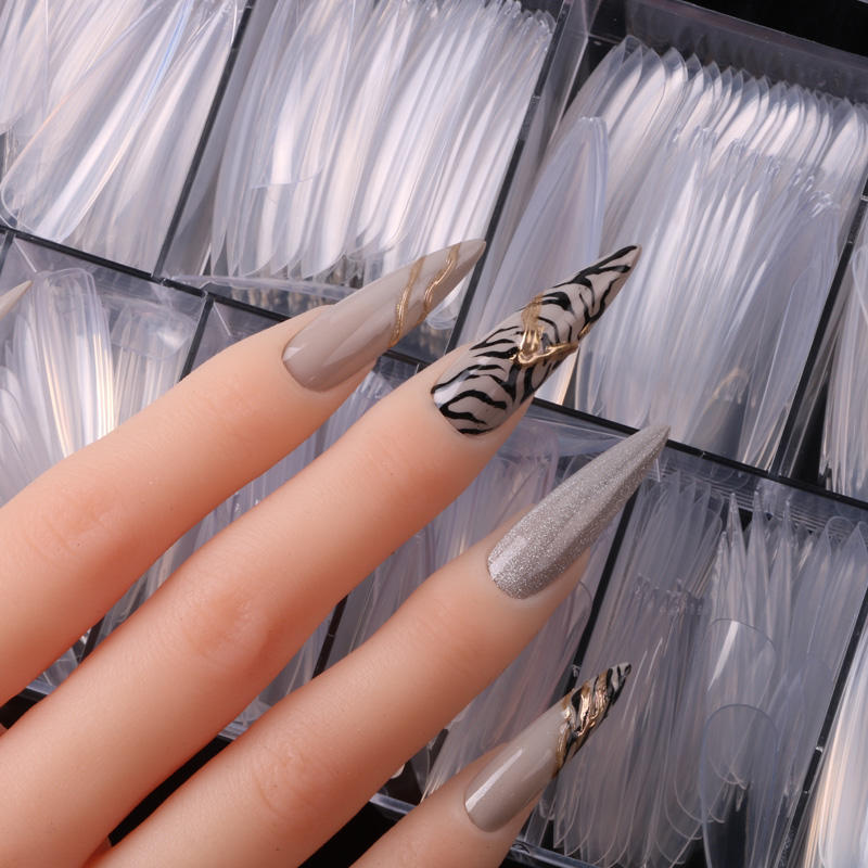 TSZS New Arrival Finger Nails Design Long Stiletto Shape Clear Full Cover False Nail Transparent ABS Fake Nail Tips